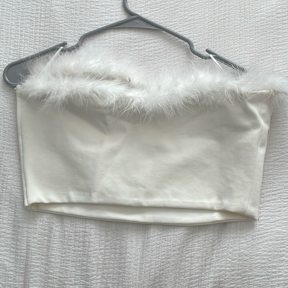 Super down cropped tube top with feather boa trim